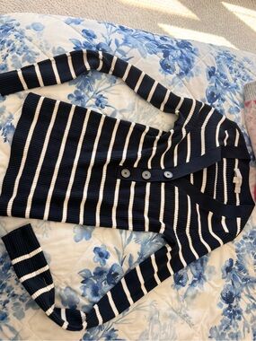 LOFT Navy and White Striped Button-Front Cardigan